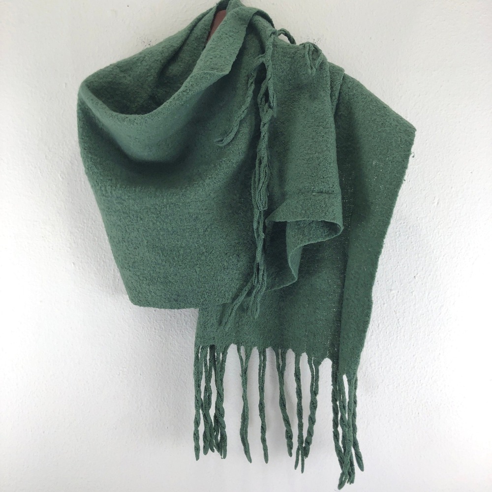 Oversized Forest Green Boucle Knit Scarf with Braided Tassel Fringe Trim Wrap